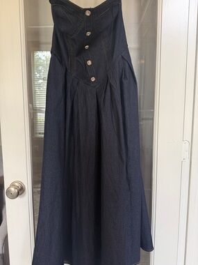 FREE MARKET FlyingTomatoe Dark Denim Strapless Button-Front Maxi Dress Sz L NWT